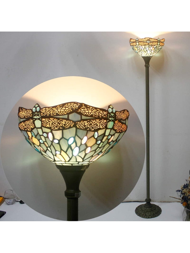 WERFACTORY Tiffany Style Floor Lamp, Sea Blue Glass Dragonfly