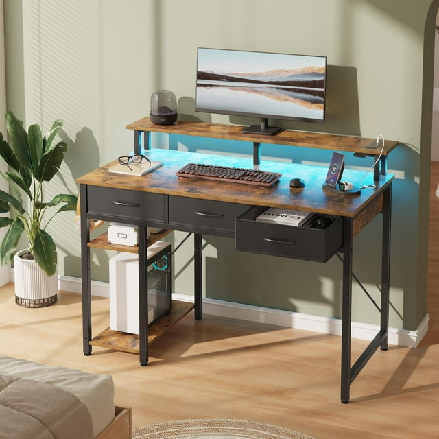 Greenstell 47" Computer Desk with Built-in Outlets & LED, 3-Drawer Office Desk with Monitor Stand, Rustic Brown