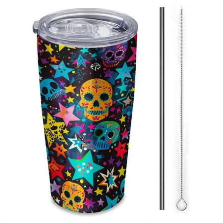 

vibrant pattern of colorful skulls and stars-Insulated Car Cup 20 oz Stainless Steel Travel Tumbler with Reusable Straw & Brush Hot & Cold Drinks Coffee/Tea/Office/Outdoor Drinkware