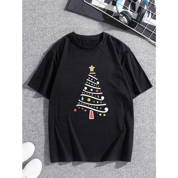 Christmas Tree Tee Simple Drawing Design T Shirt Summer Outdoor Graphic Tees Chic Top Trendy Black S-5XL