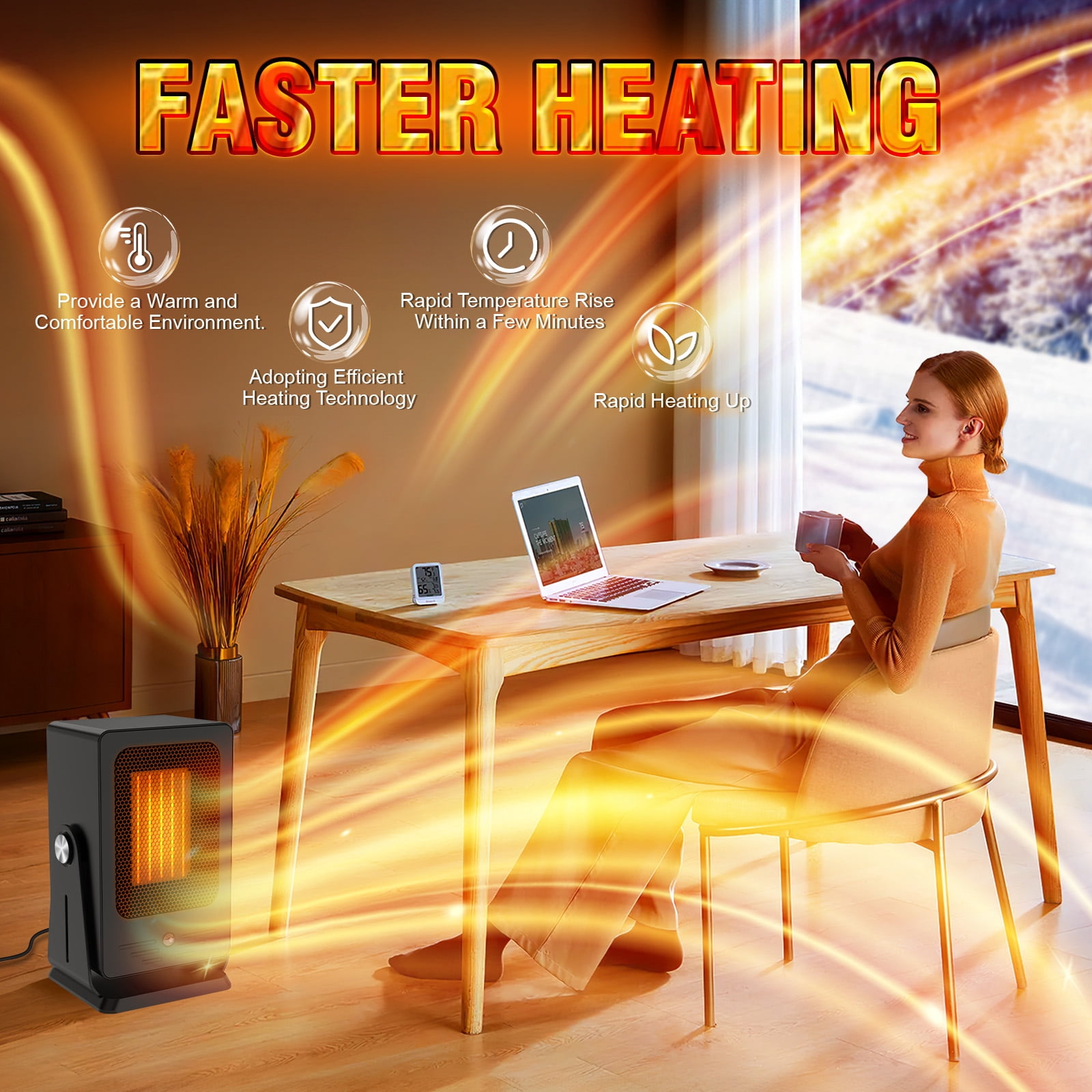 900W Portable Electric Space Heater - Safe, Quiet Ceramic Heater with Thermostat, Fast Heating for 200 Sq. Ft., Perfect for Office, Room, Desk, Indoor Use，