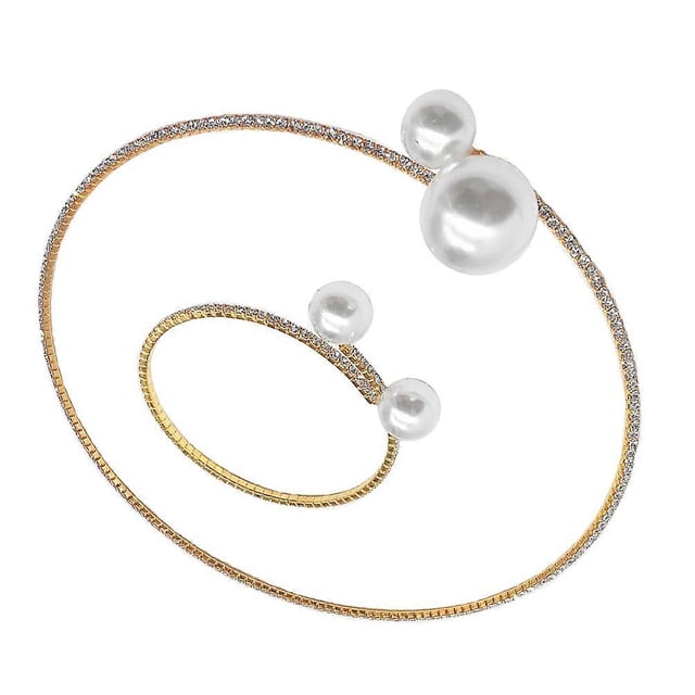 2Pcs Pearl Hand Chain Necklace Set Ladies Fashion Pearl Bracelet Bride Jewelry Neck Choker Wedding Dress Accessory (Golden)