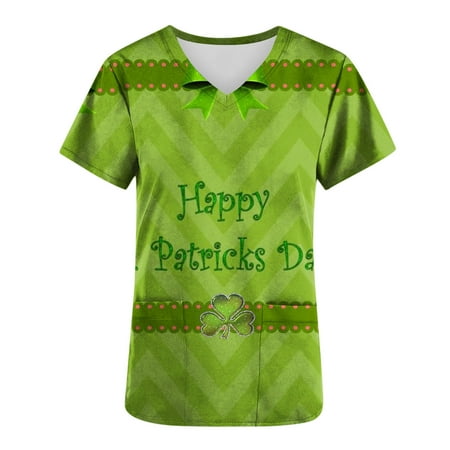 

SOOMLON Women St Patrick s Day Scrub Tops Nursing V Neck Pockets Work Uniform Lucky Clover Graphic Irish Green Shirts St Patricks Day Shirt Short Sleeve V Neck Shirt With Pocket Green M