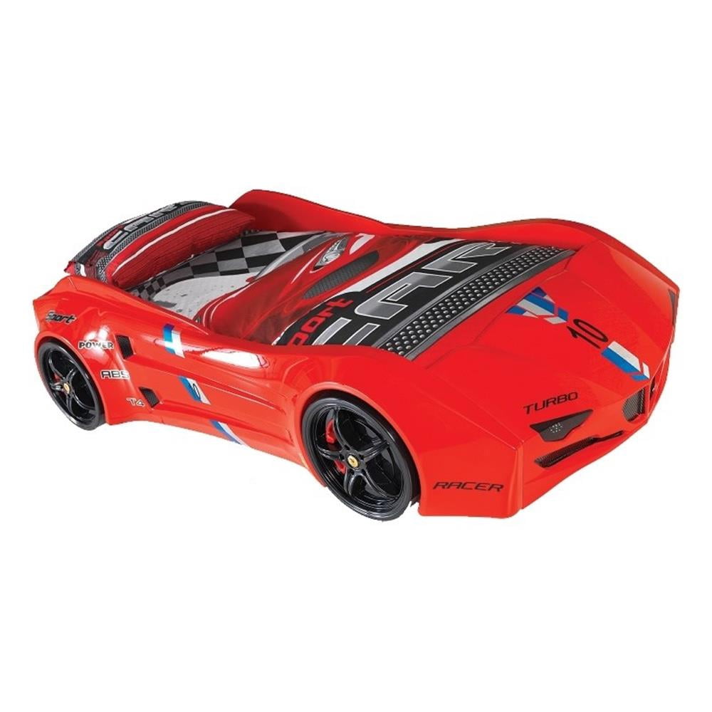 Pemberly Row Modern Wood Twin Race Car Bed with Remote Control in Red