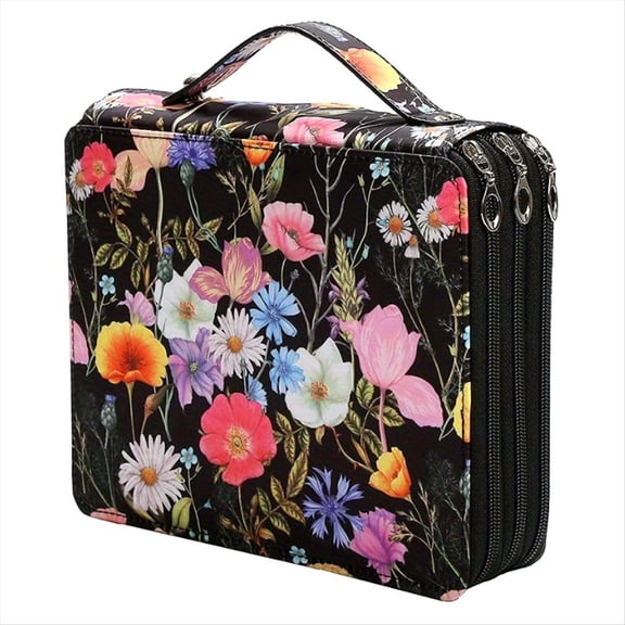 Colored Pencil Case with Zipper Closure Capacity Polyester Pen Organizer Pencil Holder for Student or Artist B,1 x Colored Pencil Case,Little Black Flower