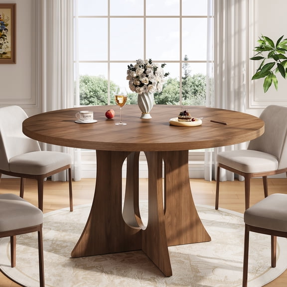 Round Dining Table for 4-6 People, 43.3 Inch Circle Kitchen Table with Sturdy Legs & Adjustable Foot Pads, Modern Farmhouse Dinner Table for Dining Room and Apartment, Walnut