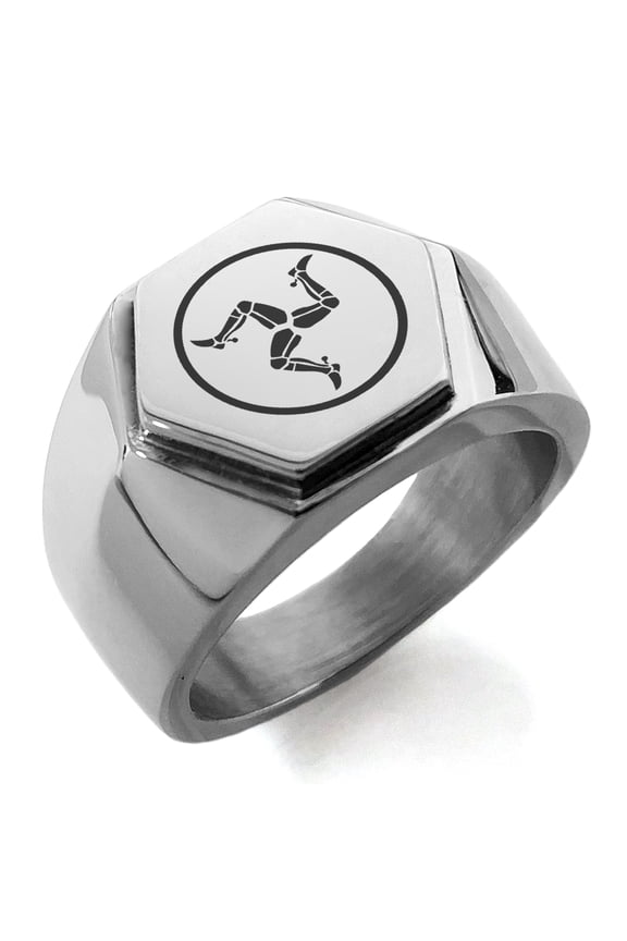 Stainless Steel Celtic Triskelion Three Legged Isle of Man Engraved Hexagon Crest Flat Top Biker Style Polished Ring