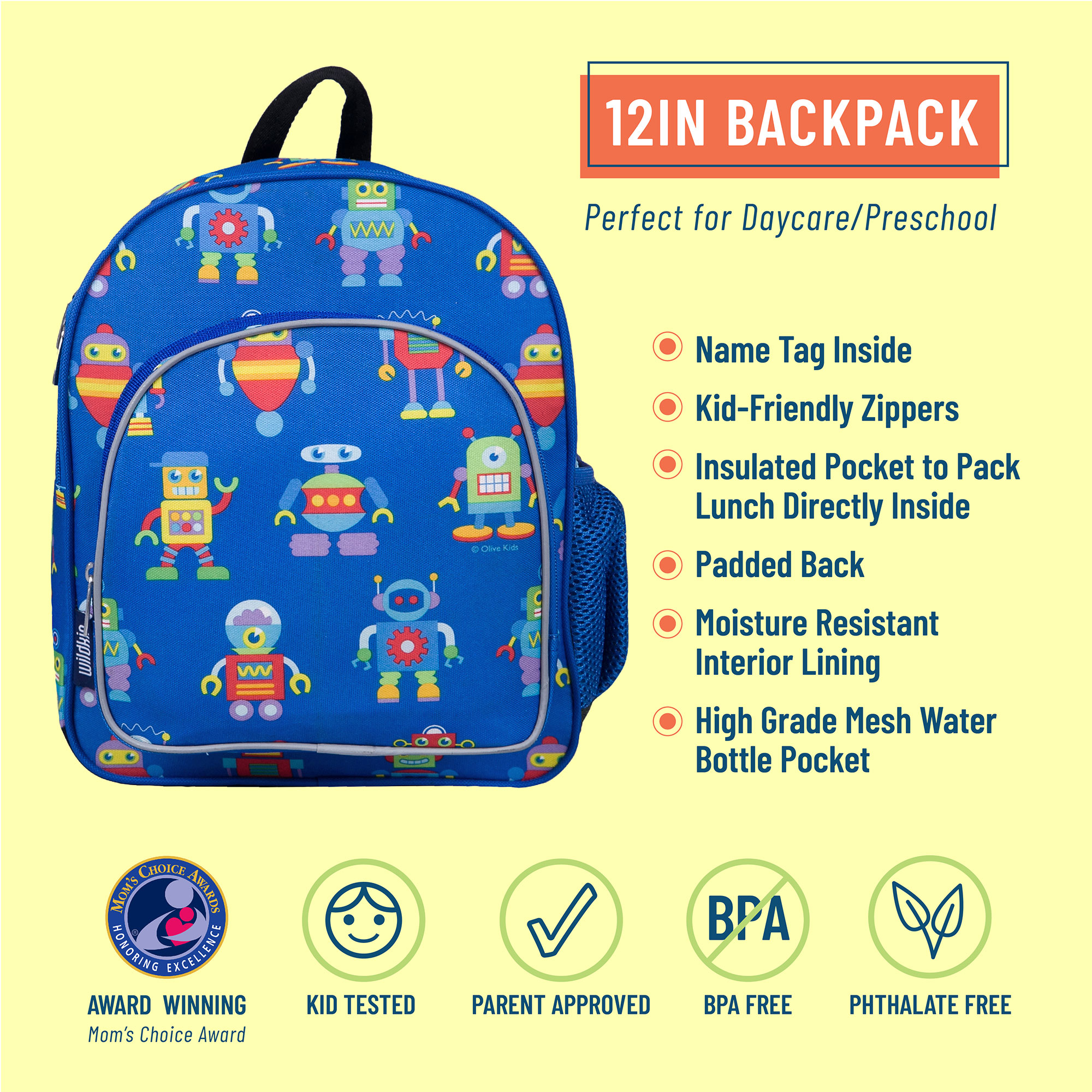 Wildkin Kids 12 Inch Backpack for Toddler Boys and Girls, Insulated Front Pocket (Robots Blue) - image 3 of 8