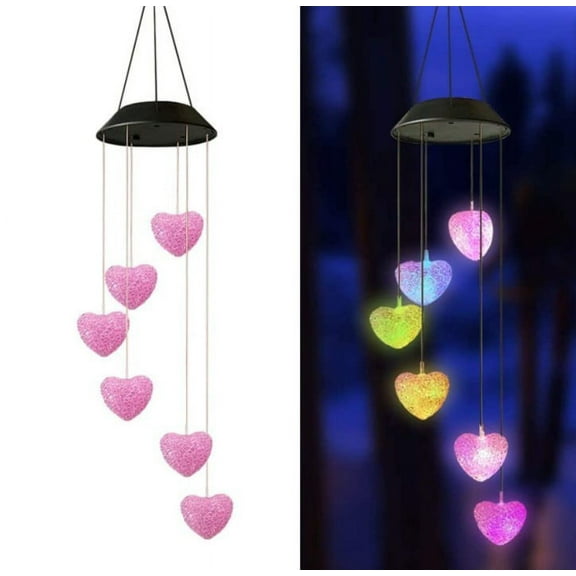 Harpi Solar Wind Chimes for Outside, Pink Heart Shaped Color Changing Wind Chime, Waterproof LED Decorative Mobile Lights for Garden Yard Outdoor Christmas Decor