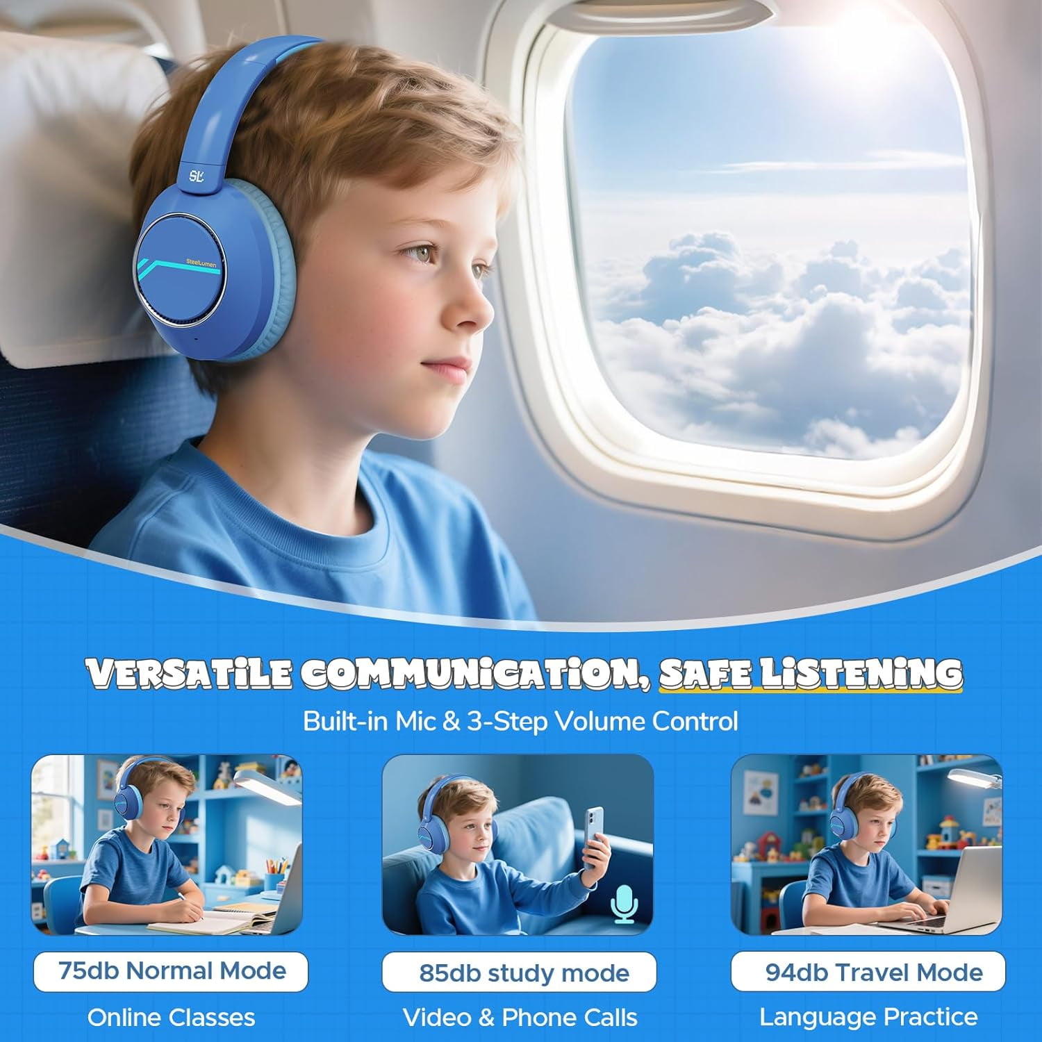 Nova1Pro Kids Wireless Active Noise Cancelling Headphones, Bluetooth 5.4, 40H Playtime, Volume Limited 75/85/94dB, Type-C Fast Charging, Mic, Foldable for School/Travel/Airplane, Blue