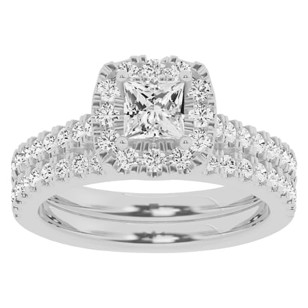 Unique Moments 1.50 Ctw Lab Grown Princess Halo Diamond Engagement Matching Wedding Ring Set 10K White Gold