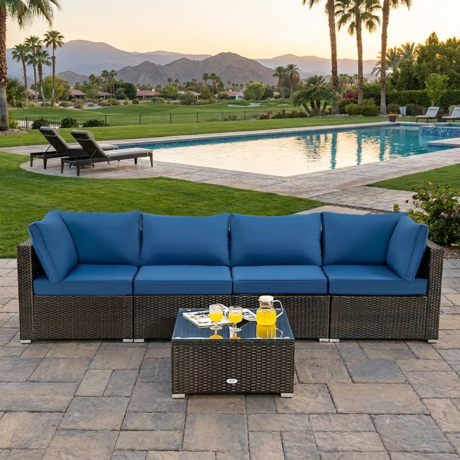 Biotree Patio Furniture Set 5 Piece Cushioned Rattan outdoor sectional with glass table outdoor conversation set for garden backyard porch, Navy