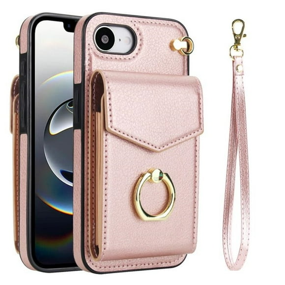 For iPhone 16e Case Premium PU Leather Accordion Folding Wallet &Card Holder With RFID Shielding Material Phone Case ,with Adjustable Ring Holder And Wristband,Rose gold,For iPhone 16e