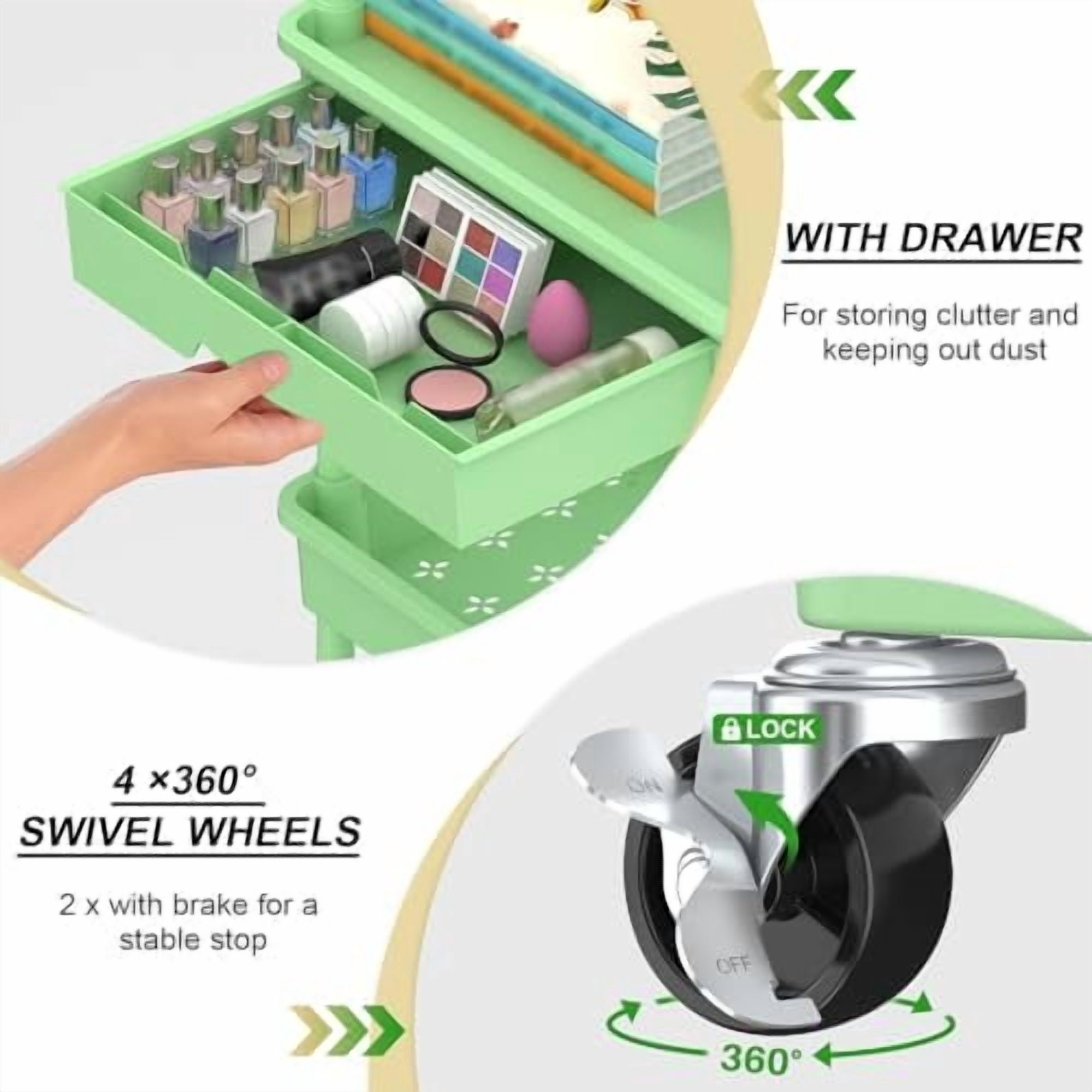 3 Tier Rolling Utility Cart Organizer with Removable Drawer, Stable and Sturdy Green Rolling Storage Carts with 2 Lockable Wheels for Bathroom, Kitchen, Snack, Craft, Makeup, Baby Essentials