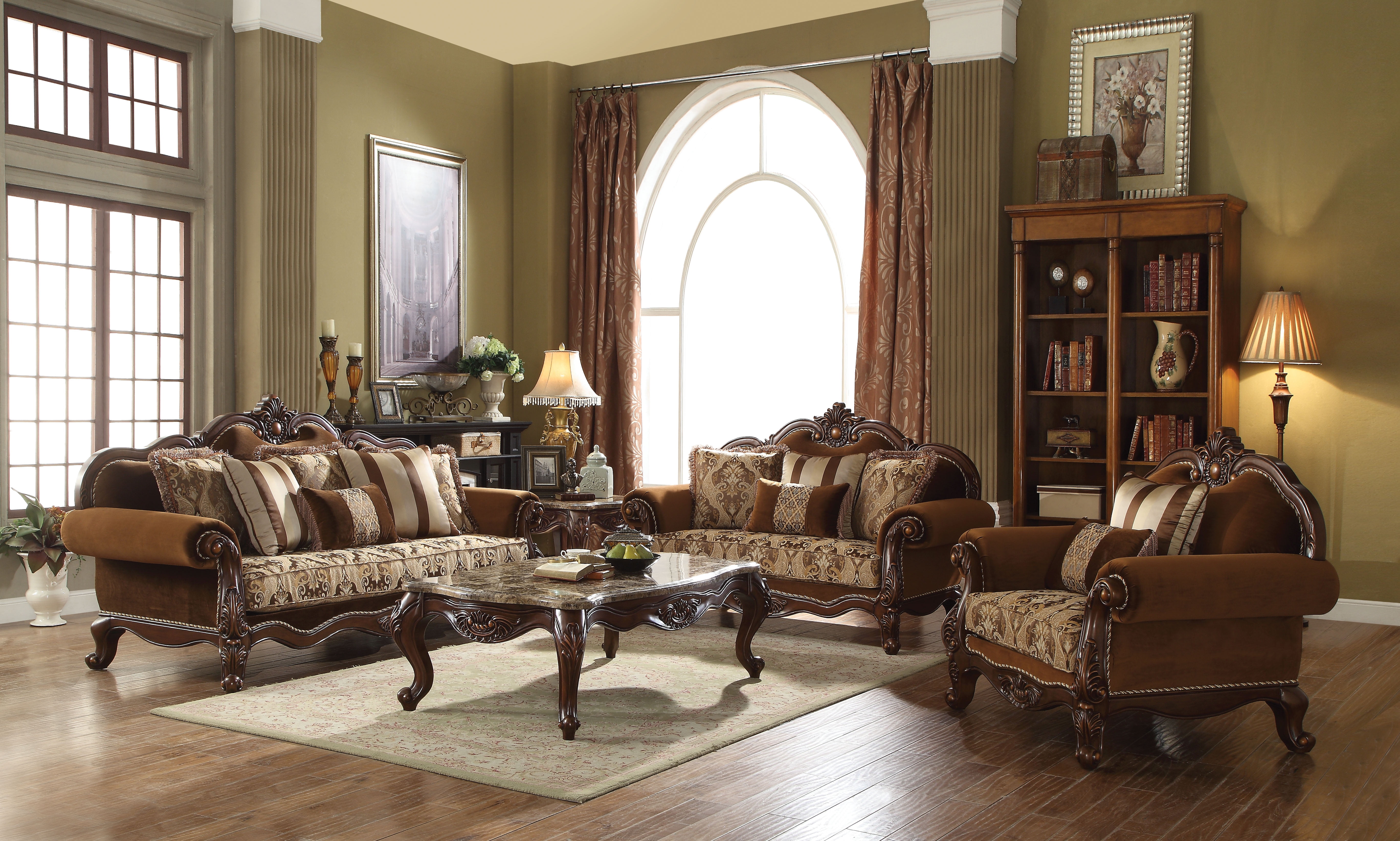 Acme Jardena Sofa with 6 Pillows in Fabric and Cherry Oak Finish 50655