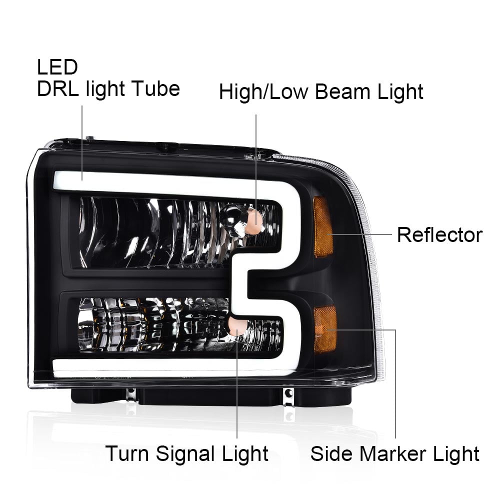 LED DRL Black Headlights Assembly Fit for 2005-2007 Ford F250 F350 F450 F550 Super Duty