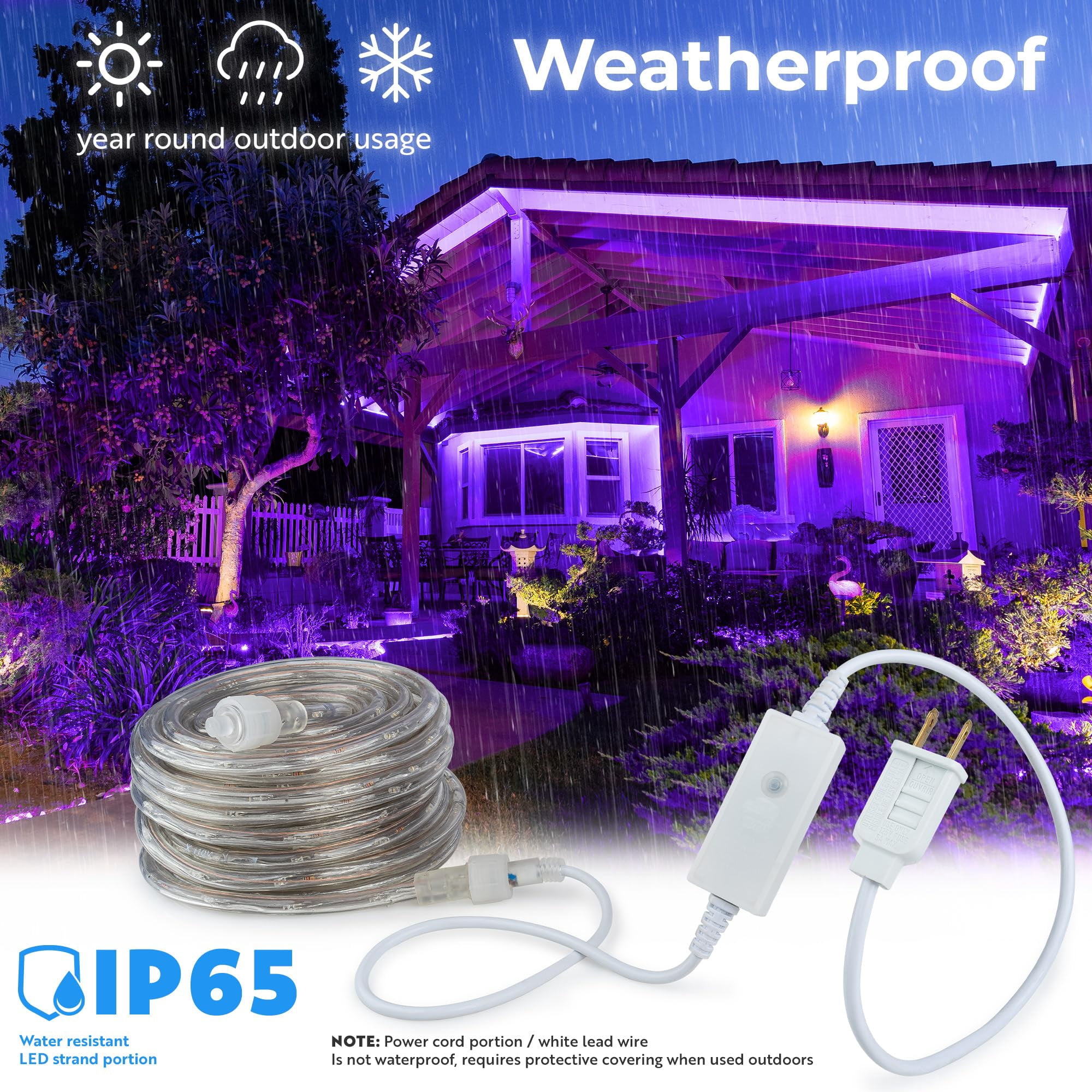 West Ivory 190LEDs, 25ft Purple LED Rope Light w/ 8 Mode, Connectable Outdoor Permanent Waterproof Accent Exterior Lighting, Safety Fuse, PVC Case, Holiday, Backyard Patio, Home Garden, Decorative
