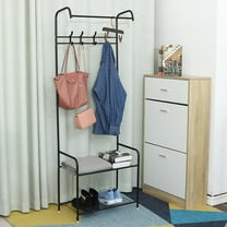 QRKD 3-in-1 Entryway Shoe and Coat Rack, Hall Tree Metal Coat Stand with Bench Coat Hanger, Clothes Stand Shoe Rack Bedroom Storage Shelf Organizer, 2 Shelves for Space Saving