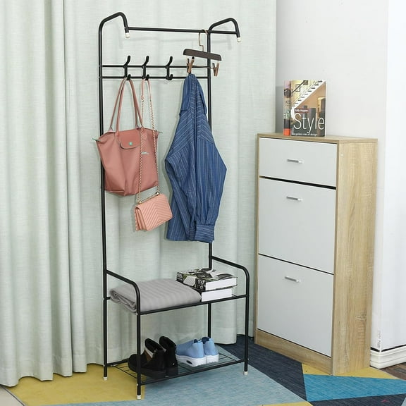 QRKD 3-in-1 Entryway Shoe and Coat Rack, Hall Tree Metal Coat Stand with Bench Coat Hanger, Clothes Stand Shoe Rack Bedroom Storage Shelf Organizer, 2 Shelves for Space Saving