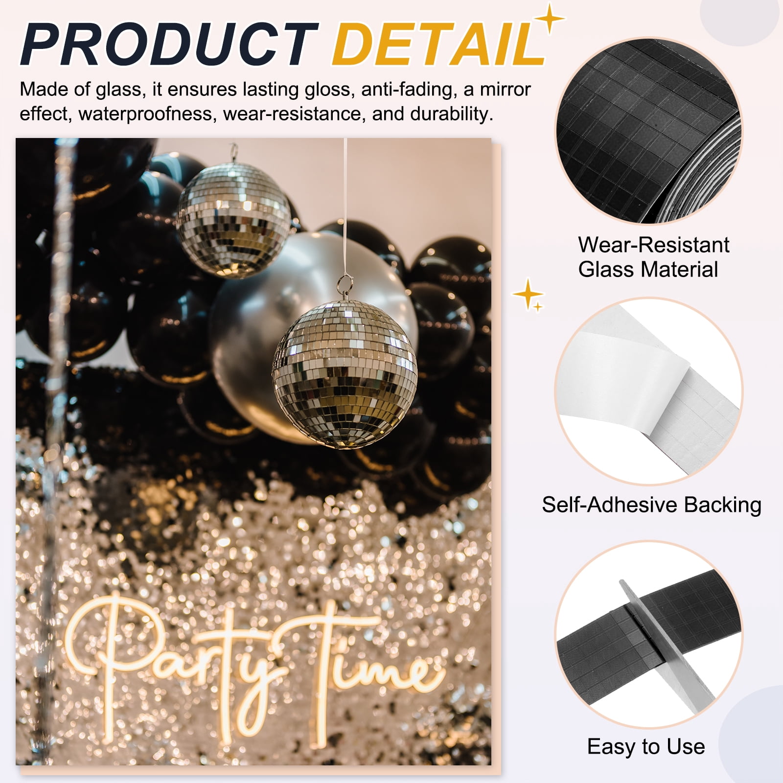 Uxcell 5x5mm Self Adhesive Mirrors Mosaic Tiles, 6400 Pcs Square Mini Glass Mosaic Disco Tile Sticker for DIY Craft Disco Ball Party Decoration, Black