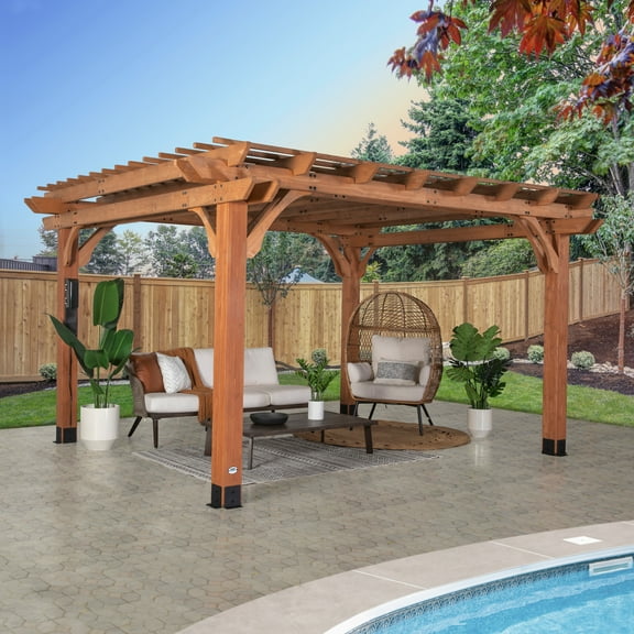 Backyard Discovery Beaumont 14'x12' Cedar Wood Patio Pergola Kit, Trellis Roof, PowerPort