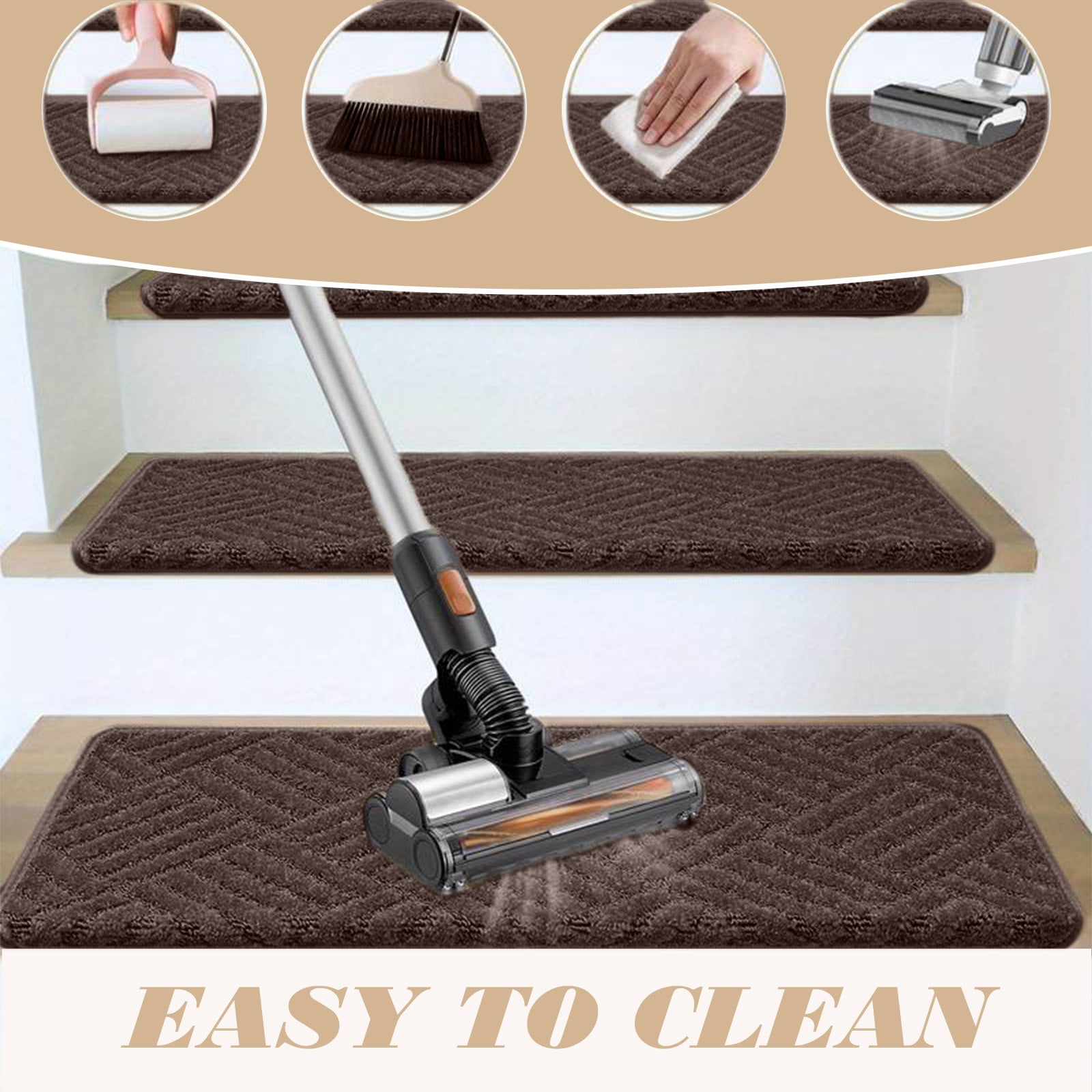 Meitianfacai 10PCS Non-Slip Stair Treads for Indoor Use, Large Size 21.6x7.4in Anti-Slip Carpet Mats with Reusable Adhesive, Safe for Kids, Elders & Pets, Easy to Clean(Brown)