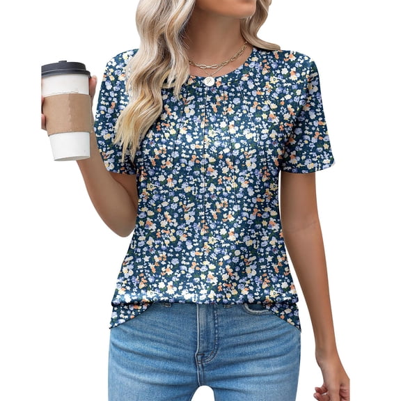 Otvok T-Shirts for Women Short Sleeve Round-Neck Casual Print Pleated Pullover Blouse Tops