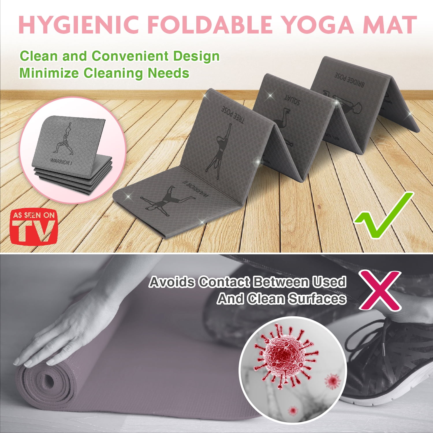 Foldable Yoga Mat - Illustrated 14 Embossed Poses, Square Folding Travel Firness & Exercise Mat as seen on TV, Perfect Storage, Pilates, Home Workout