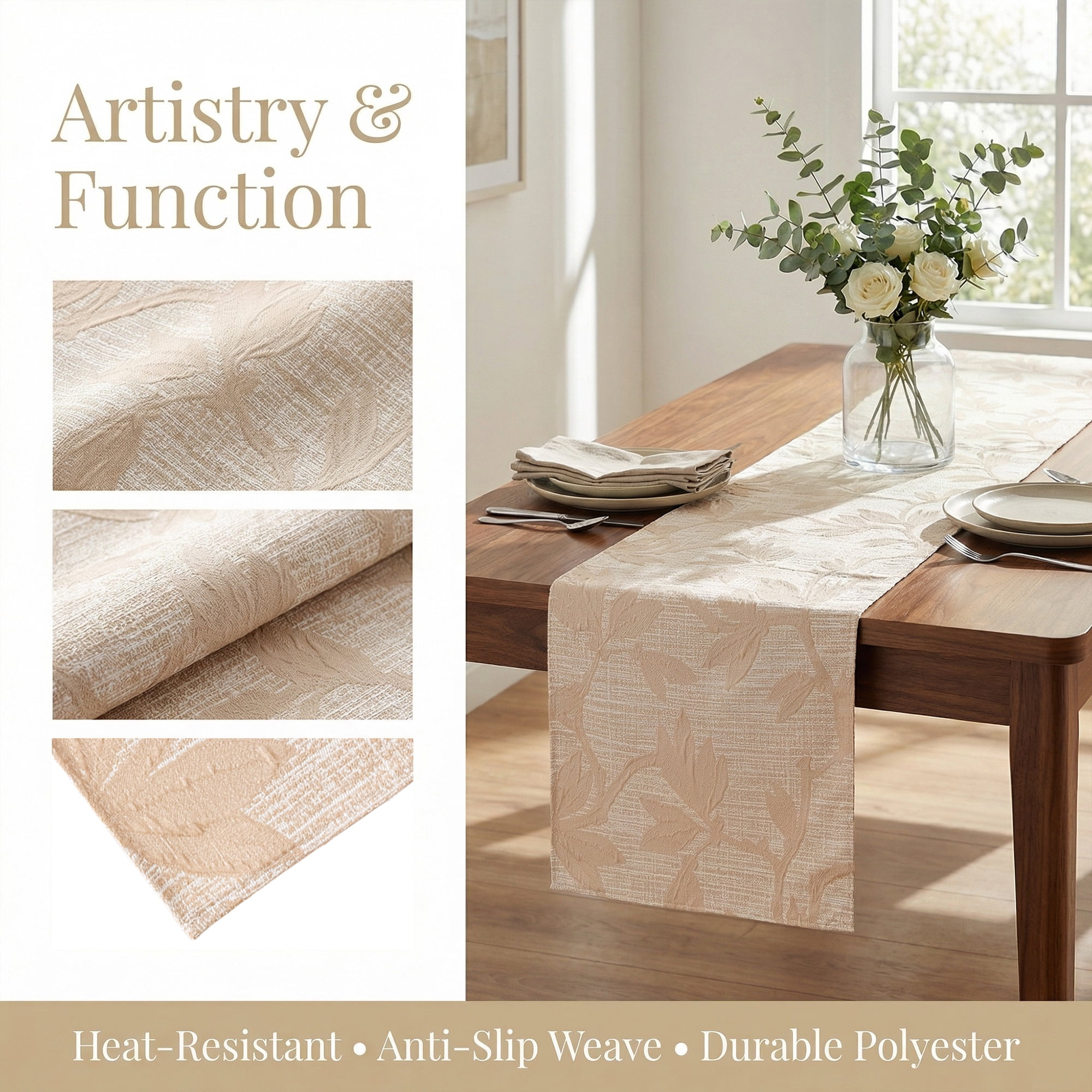 Unique Bargains Long Floral Polyester Table Runner for Kitchen Decor Beige 13.8"x106.3"