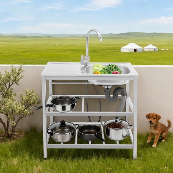 201 Stainless Steel Outdoor Utility Sink | Freestanding Portable Washing Station with Hot & Cold Faucet, 3-in-1 Workstation & Double Layer Storage Rack for Backyard, Garden, Camping, Garage