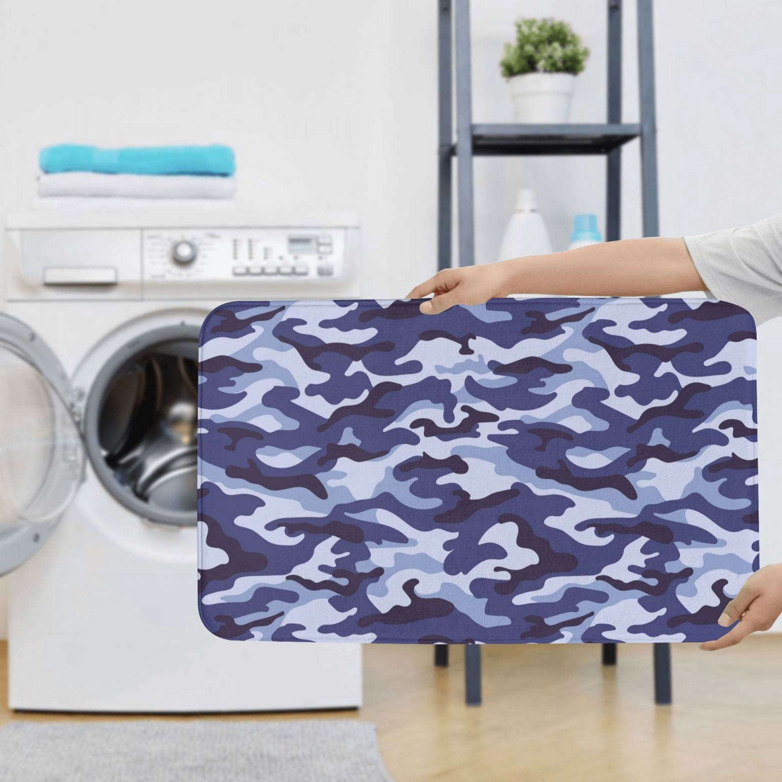 Bathroom Rugs Sets 3 Piece - Camouflage Blue Absorbent Non Slip Bath Mats, U-Shape Toilet Lid Cover, Contour Mat, Soft Washable Shower Mats Bath Rug Mat for Bathroom Tub Toilet