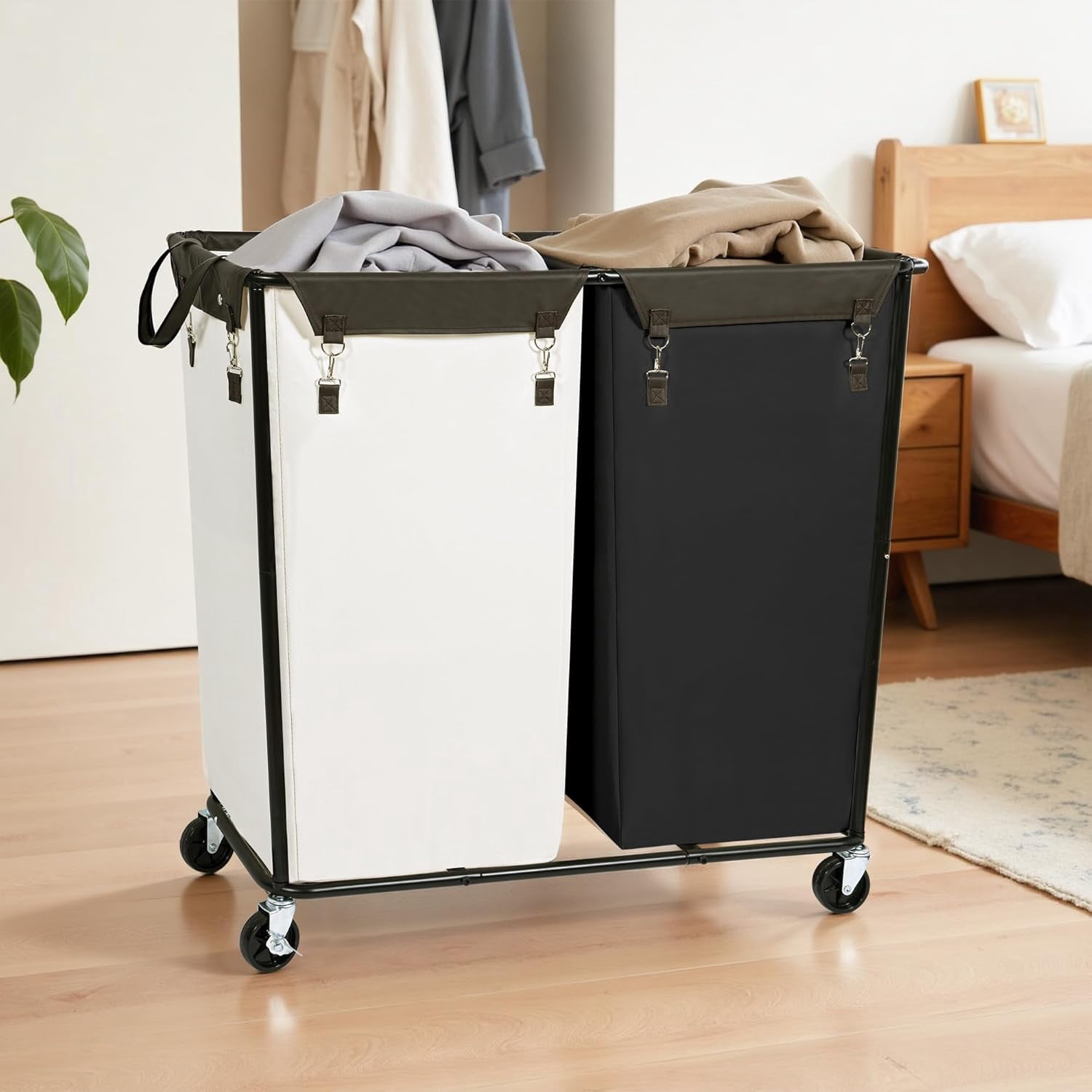 280L Rolling Industrial Laundry Hamper with Wheels, 2-Compartment Extra Large Laundry Sorter, Heavy Duty Dirty Clothes Basket Cart with Metal Frame for Home or Commercial Use