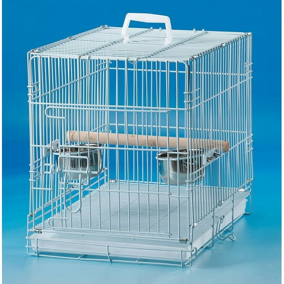 20" Portable Travel Veterinary Bird Parrot Wire Carrier Cage with Wooden Stand Perch & Stainless Steel Bowls