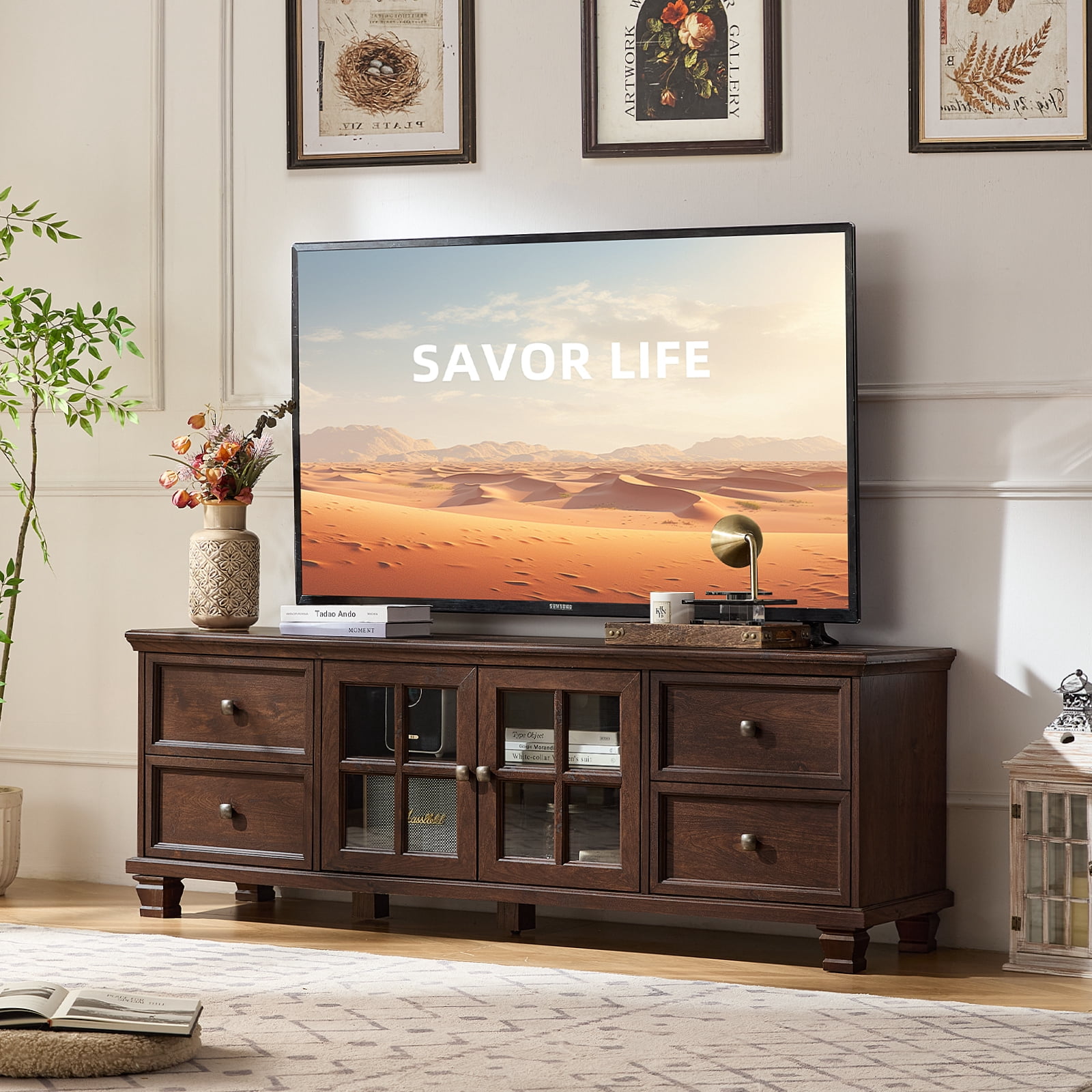 Buildhom Farmhouse TV Stand with Storage, 4-Drawer Rustic Brown Entertainment Center for Living Room, Walnut