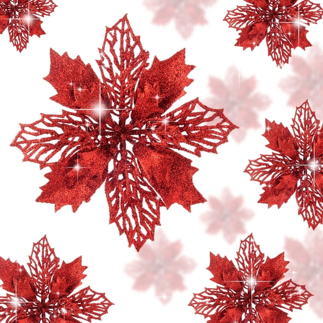 12 piezas de flores navideñas brillantes, adornos para árbol de Navidad, flores artificiales para bodas, coronas navideñas, decoraciones para el hogar (rojo)