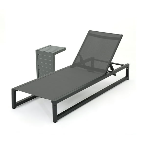 GDF Studio Mottetta Outdoor Mesh and Aluminum Chaise Lounge and C Shaped Side Table Set, Gray and Black