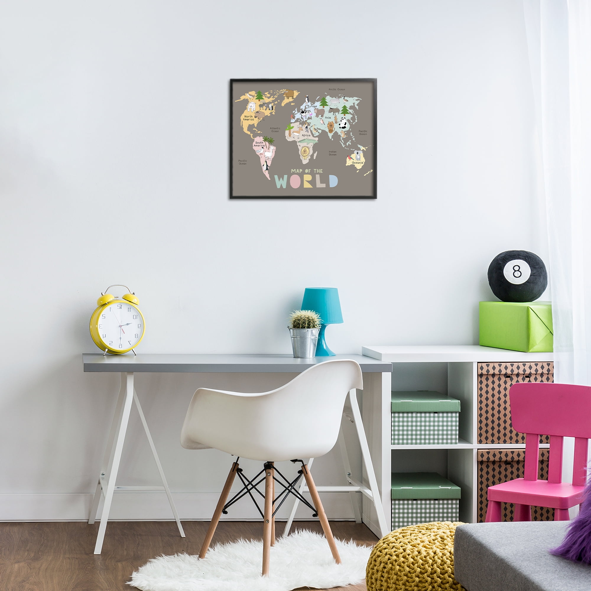 Kid's Map Of World Brown Black Framed Giclee Art, design by Carla Daly