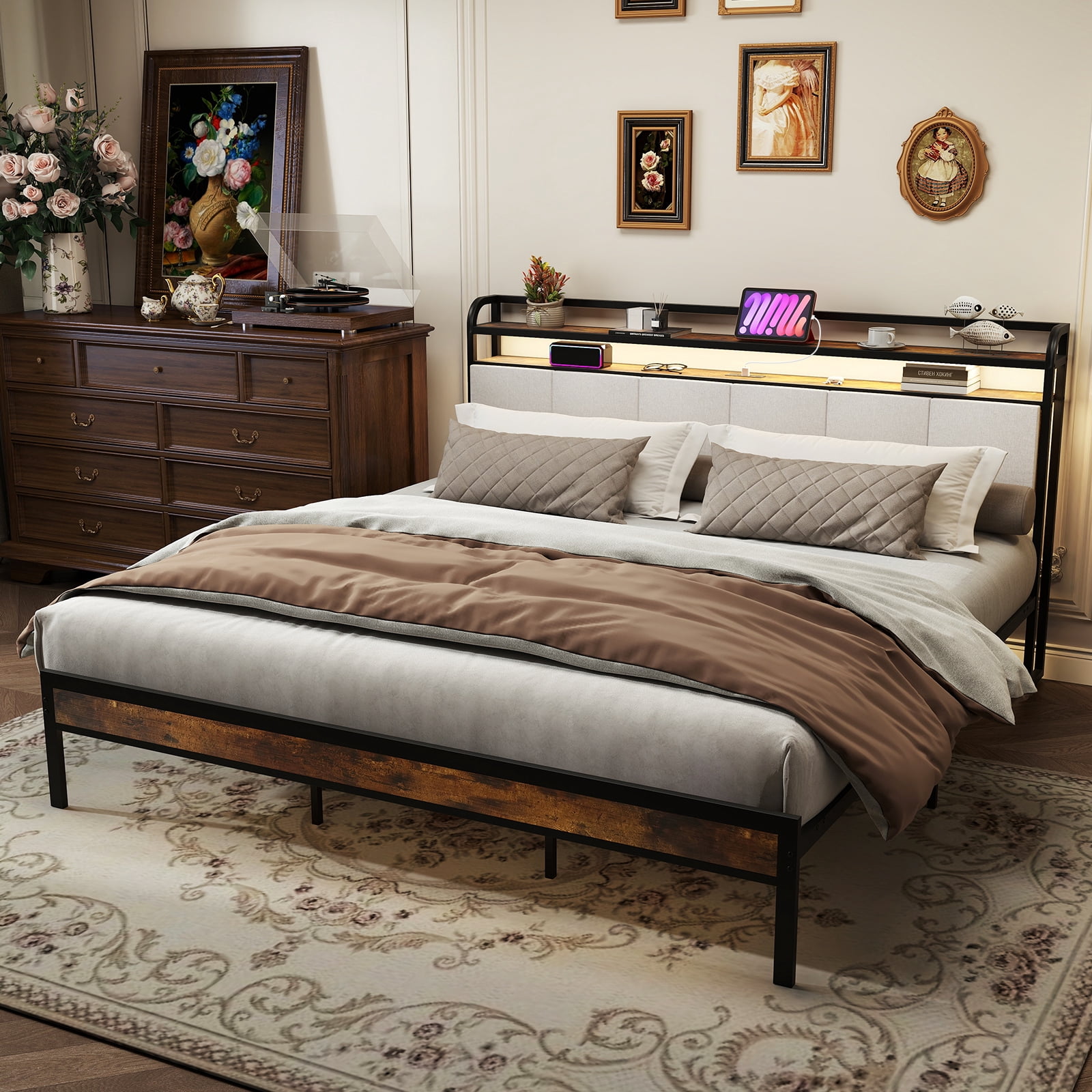 Topbuy King Size Bed Frame w/Charging Station Metal Platform Bed w/ Upholstered Headboard