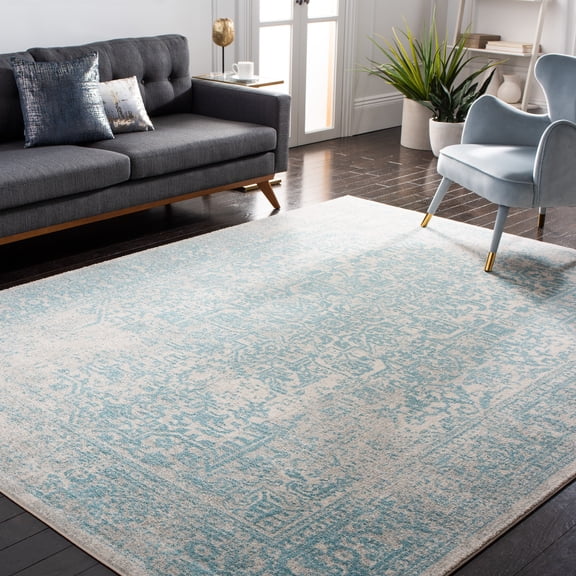 SAFAVIEH Evoke Trena Floral Area Rug, Ivory/Aqua, 6'7" x 6'7" Square - Traditional Design, Ivory & Aqua, Non-Shedding & Easy Cleaning, Ideal for Living Room, Bedroom, Dining Space