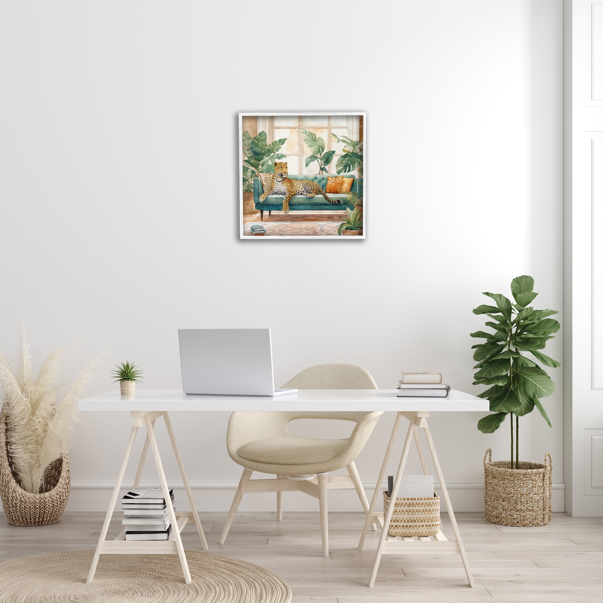 Stupell Industries Leopard & House Plants Animals & Insects Painting White Framed Art Print Wall Art, 24 x 24