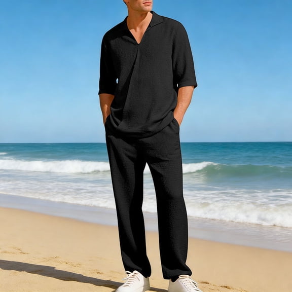 Maqroz 2 Piece Lounge Set for Men Beach Shirt and Pants Set Half Sleeve Top with Loose Trousers Casual Solid Wear Vacation Linen Lightweight Outfit with Pockets
