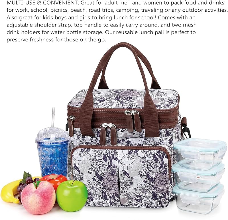 Lunch Bag Insulated Expandable Lunch Box for Women - Reusable Adults Floral Lunch Tote Bag Lunch Box for Office Work Picnic (Yellow Flower)