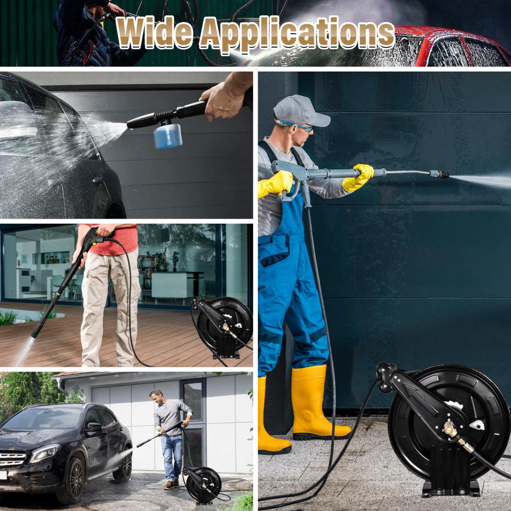 Pressure Washer Hose Reels Steel Heavy Duty Garden Hose Reel 4000 PSI with Auto Rewind Double Arm for Cleaning Automobiles Lawn Care justifiable