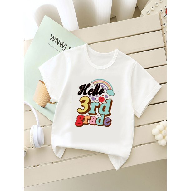Camiseta con estampado de mariposas y letras de animales para niña de 3.er grado. Manga corta, cuello redondo, informal, de verano, suave y transpirable, fácil de cuidar, ropa informal para niñas, a