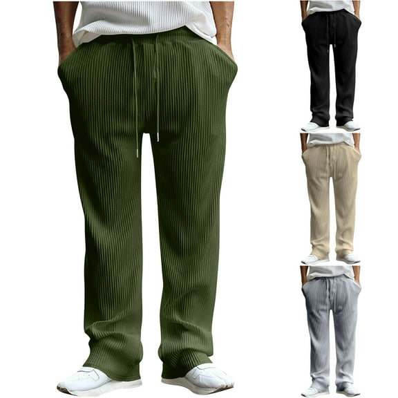 ZRGHAOYLQ Corduroy Sweatpants for Men Lightweight Straight Wide Leg Track Pants Loose Fit Lounge Pants Drawstring Elastic Waist Trousers with Pockets