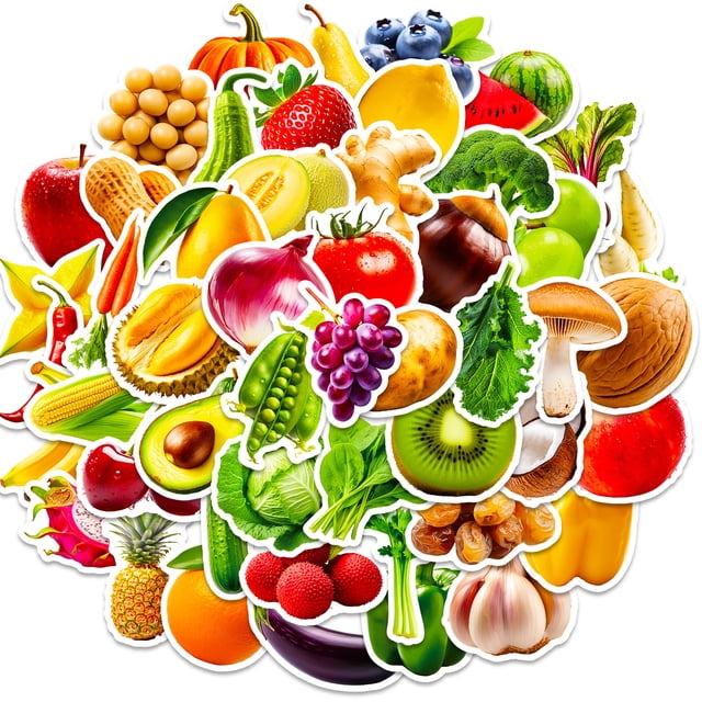 50 Sheets Fruits Vegetable Stickers For Laptops Water Bottles Toys Cars Fridge Food Decals Peel And Stick For Kids Children Learning