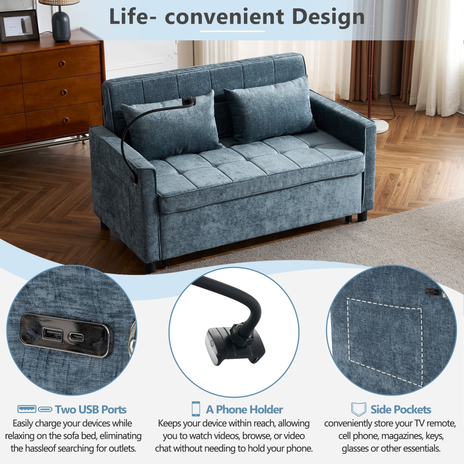 Harper & Bright Designs Loveseat with Pull Out Bed, Convertible Tufted Sleeper Sofa Bed with Adjustable Backrest, Chenille Pull-Out Bed with USB Charging Ports for Apartments Small Spaces, Blue