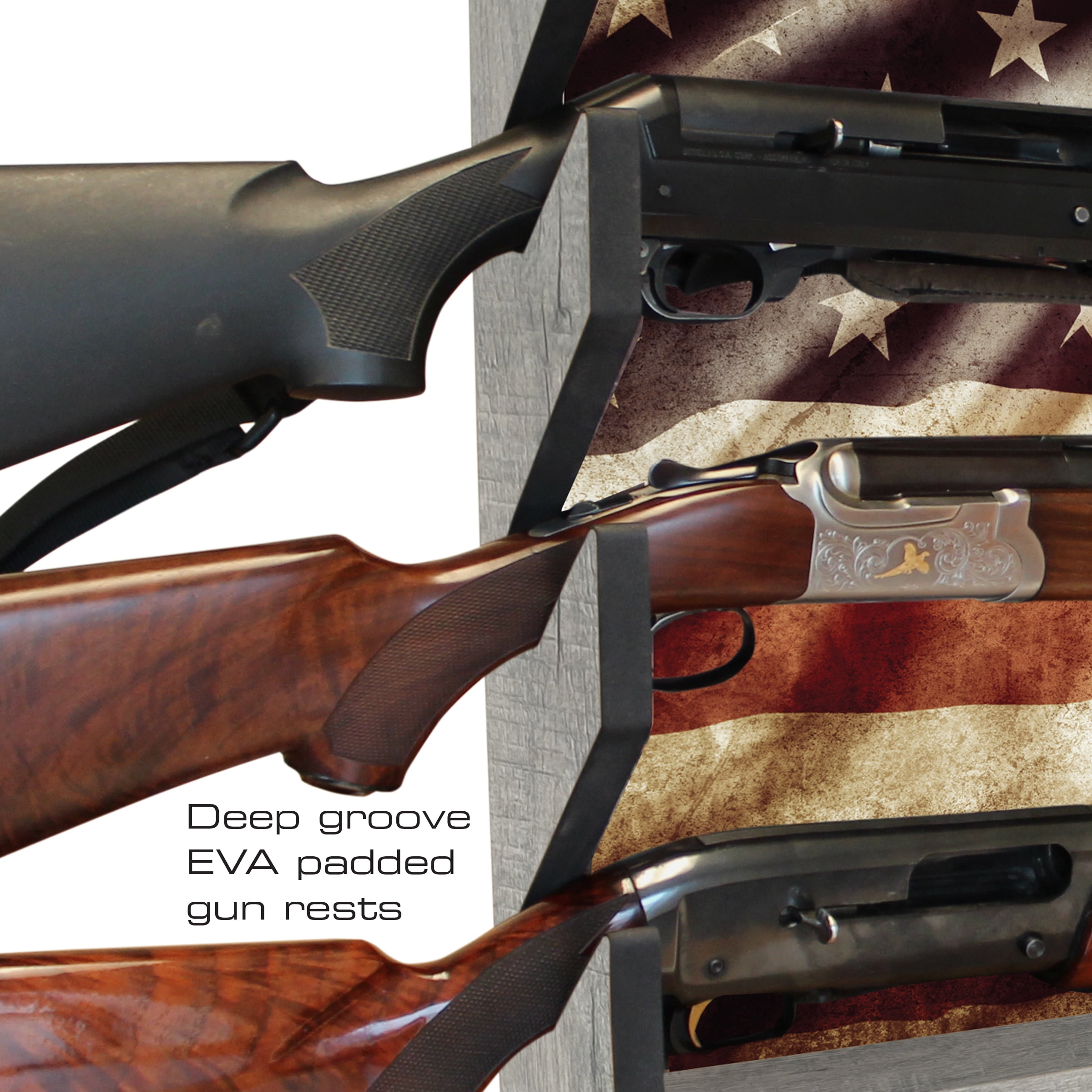 Rush Creek Creations Indoor 4 Rifle/Shotgun Wall Storage Americana Display Rack - Features Storage Compartment For Accessories