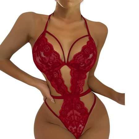 

BIZIZA Teddy for Women One Piece Lace Sexy Lingerie Plus Size Bodysuit Strappy Babydoll Red XXXL