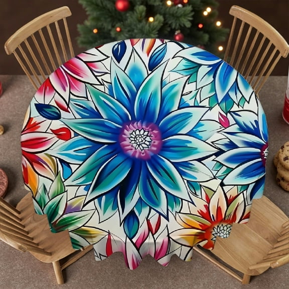 RKSupls Colorful Detailed Dahlia Stain Resistant & Washable Decor, Machine-Made - Kitchen Accessories Round Tablecloth, Wedding, Party, Home Dining